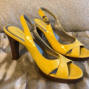 Patent leather canary yellow heels